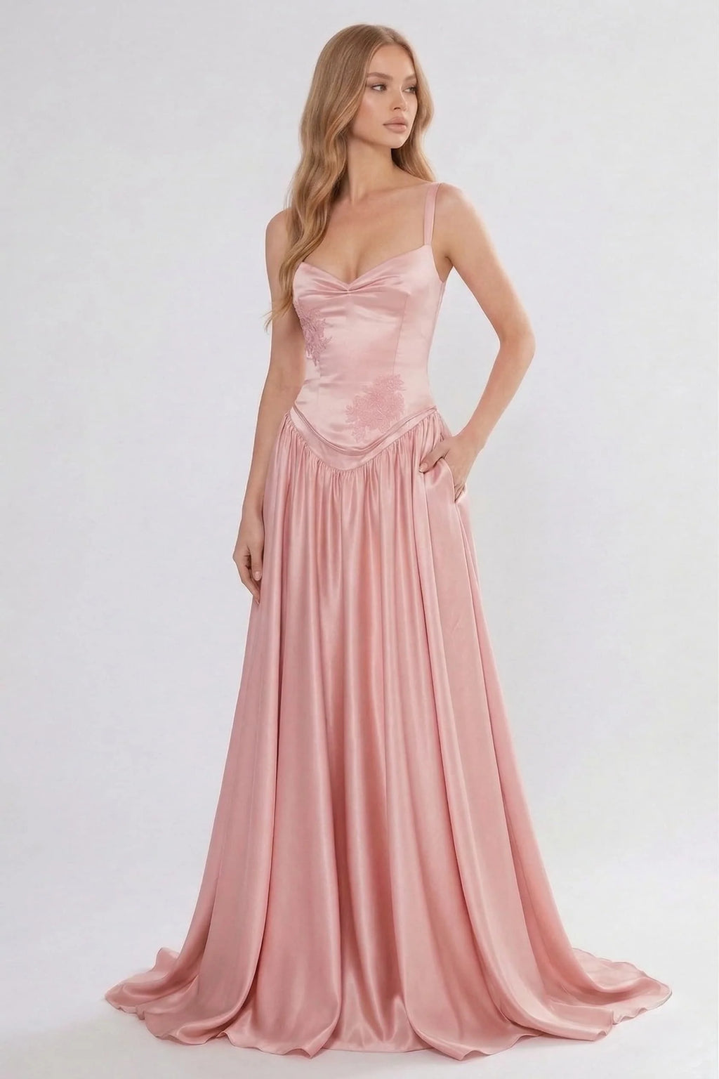 A-Line Floor Length Soft Satin Wedding Guest Dress CG0310