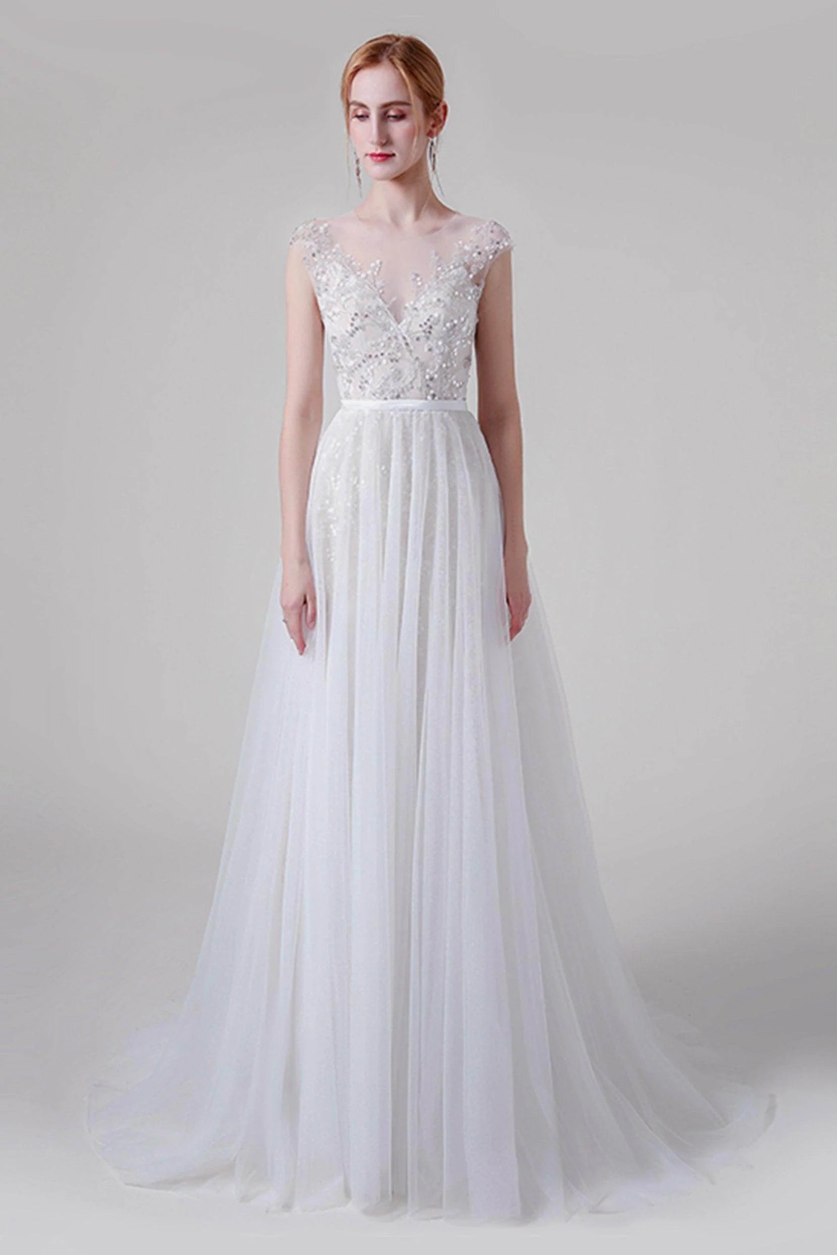 A-Line Sweep-Brush Train Lace Tulle Wedding Dress CW2739