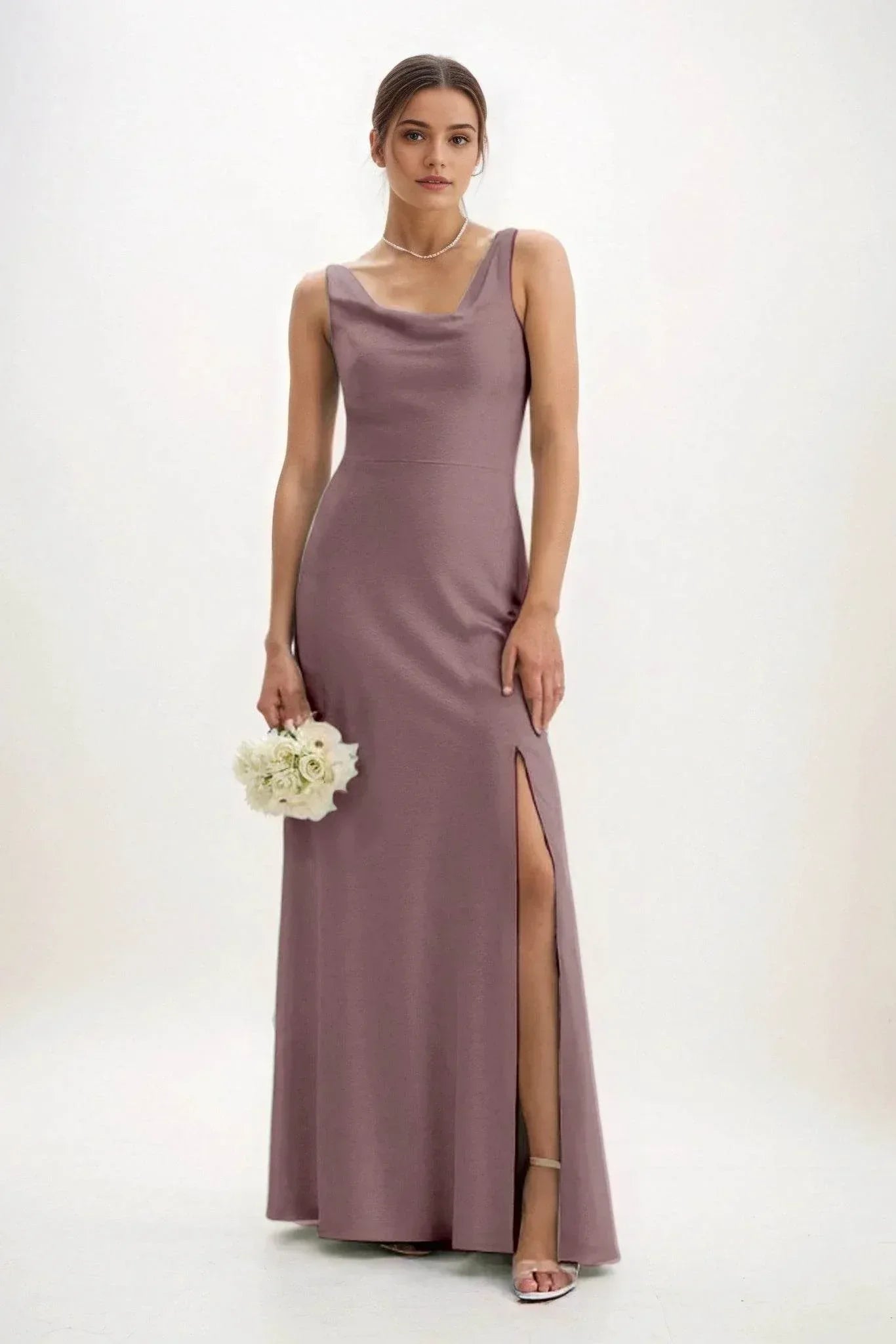 Sheath-Column Maxi Luxe Satin Bridesmaid Dress CB0816
