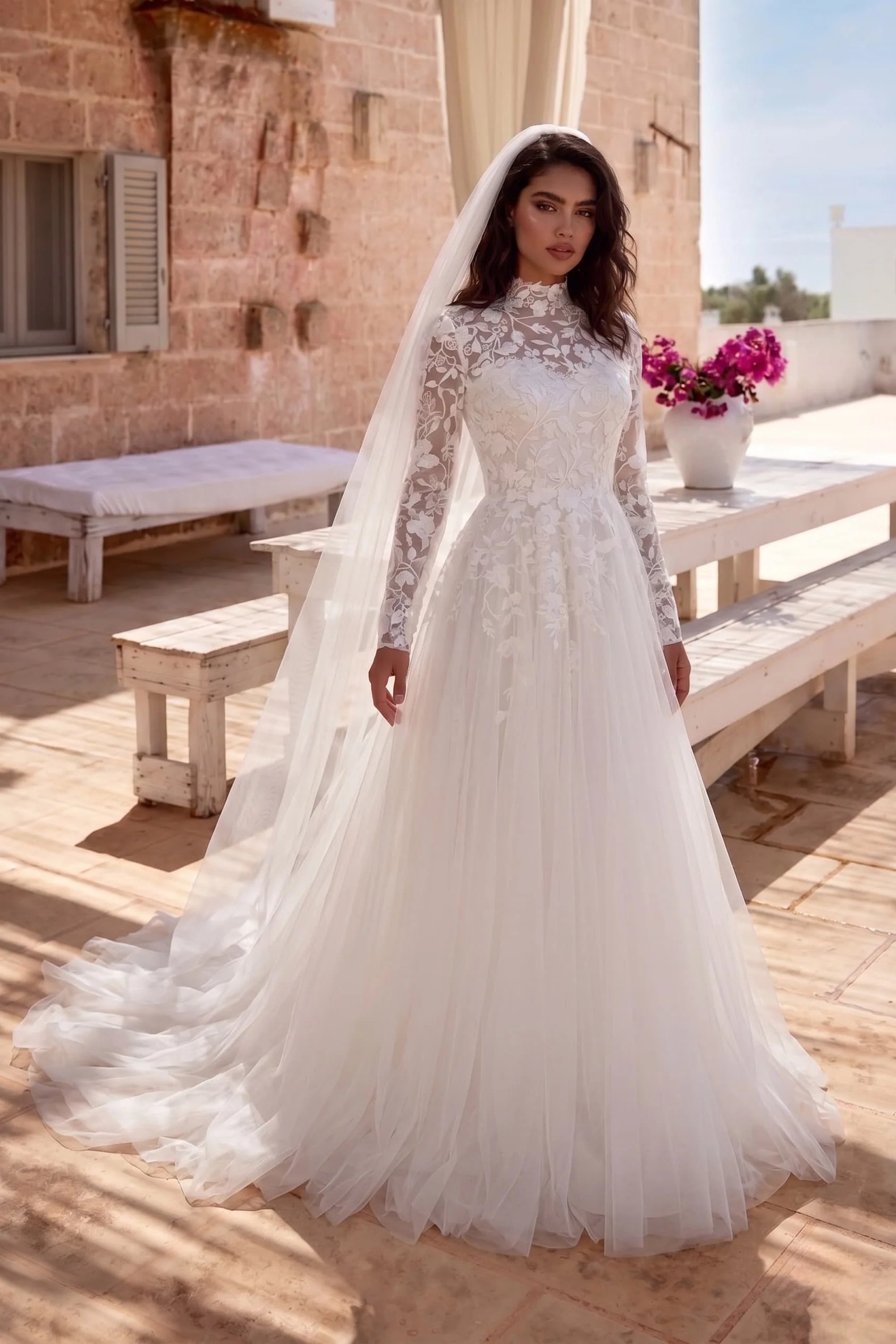 A-Line Court Train Lace Tulle Wedding Dress CW3234