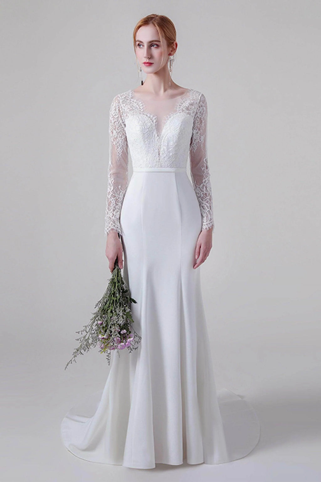 Trumpet Sweep-Brush Train Lace Elastic Cloth Wedding Dress CW2746