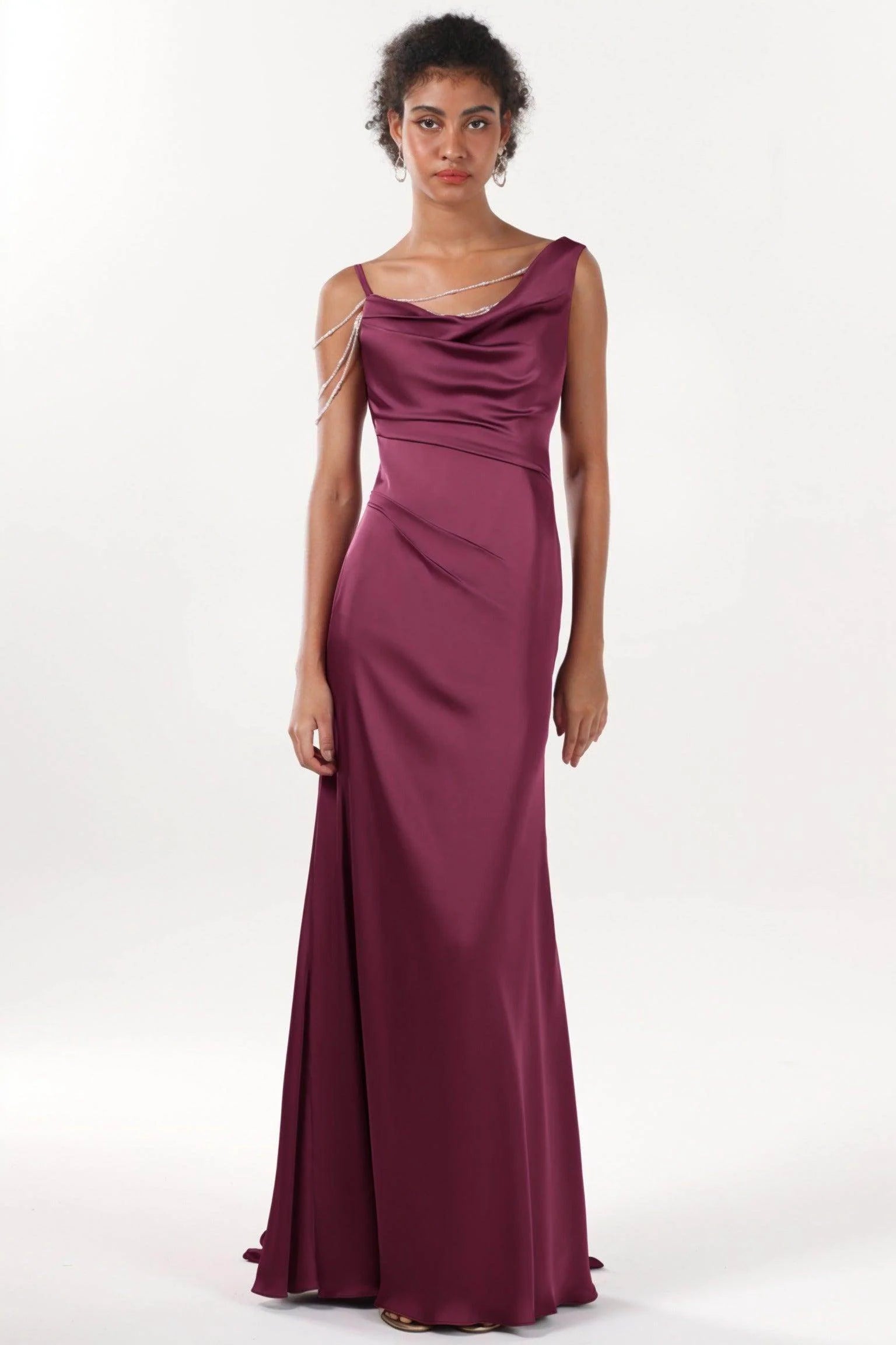 Sheath-Column Sweep-Brush Train Luxe Satin Bridesmaid Dress CS0600BM