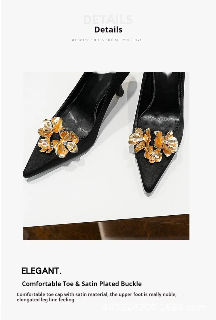 3D Flowers black Satin Pointy Stiletto Heels 769556407493