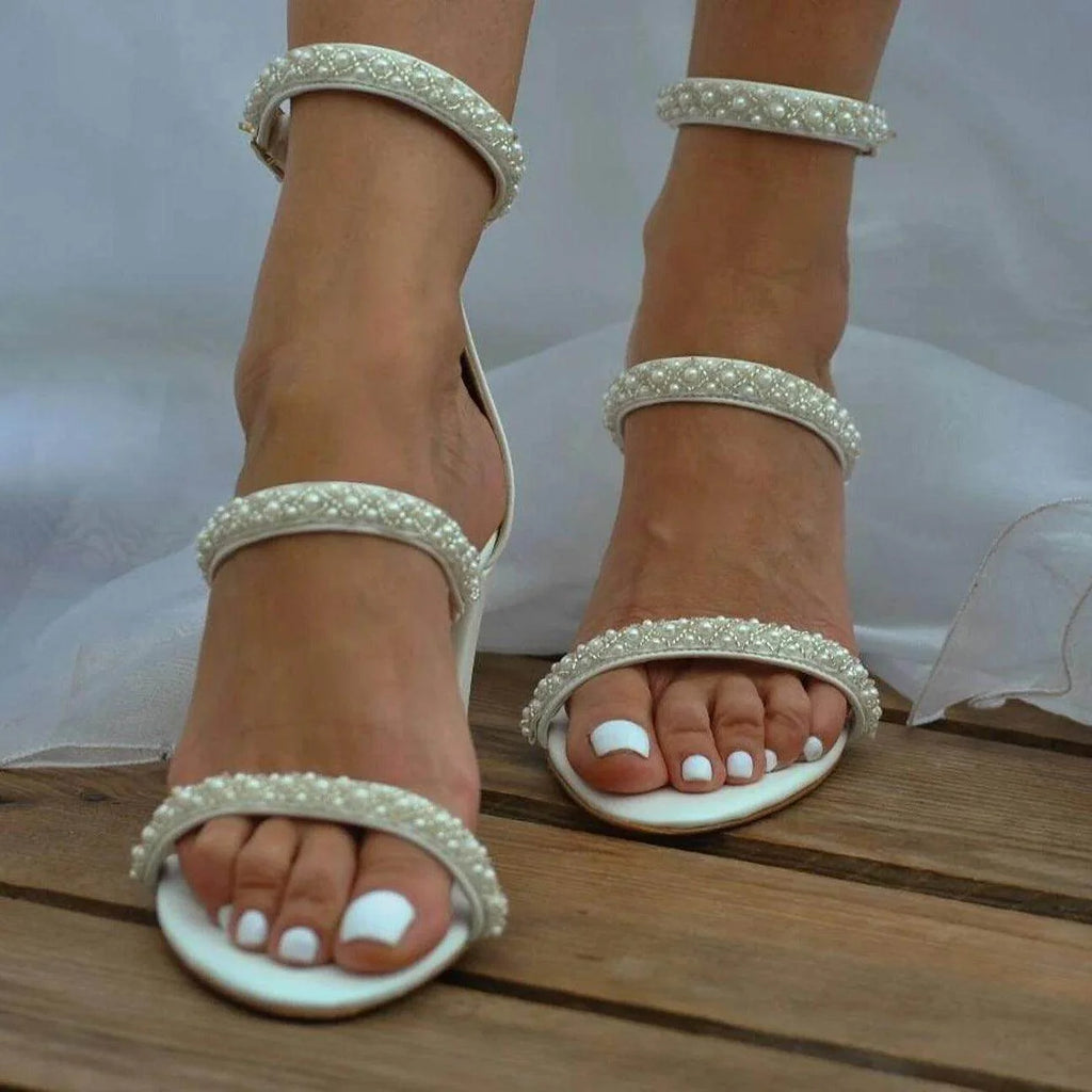 White Pearl Ankle Strap Round Block Heel Sandals 709269474640