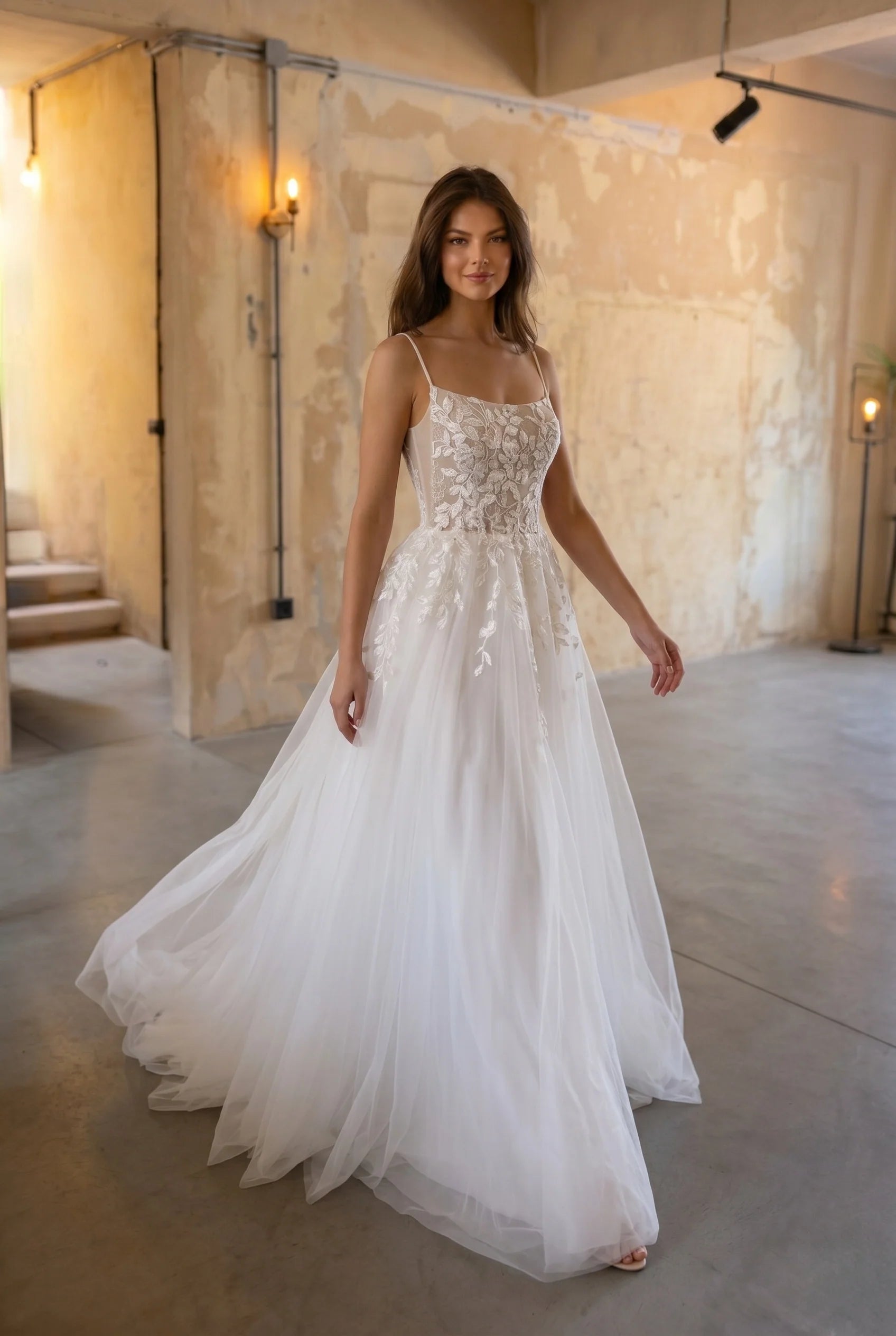 A-Line Sweep-Brush Train Lace Tulle Wedding Dress CW3103