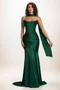 Trumpet-Mermaid Sweep-Brush Train Luxe Satin Wedding Guest Dress CG0301