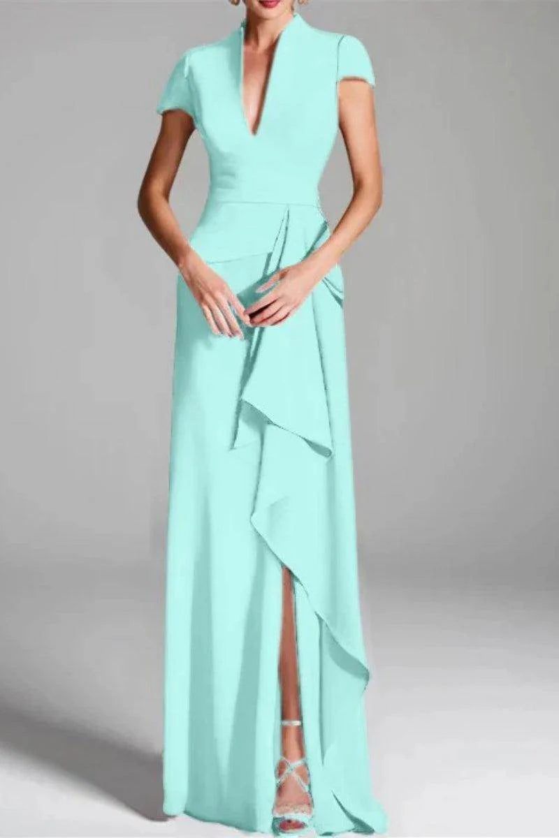 Sheath Column V Neck Short Sleeves Floor Length Mother Dresses CM0377
