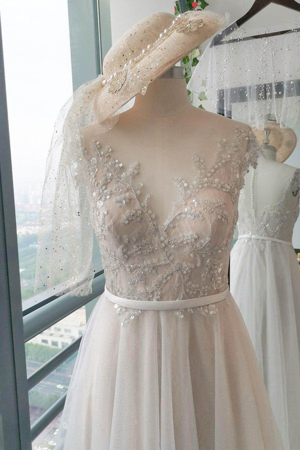 A-Line Sweep-Brush Train Lace Tulle Wedding Dress CW2739