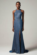 Sheath-Column Floor Length Gold Dusting Fabric Dress CS0262