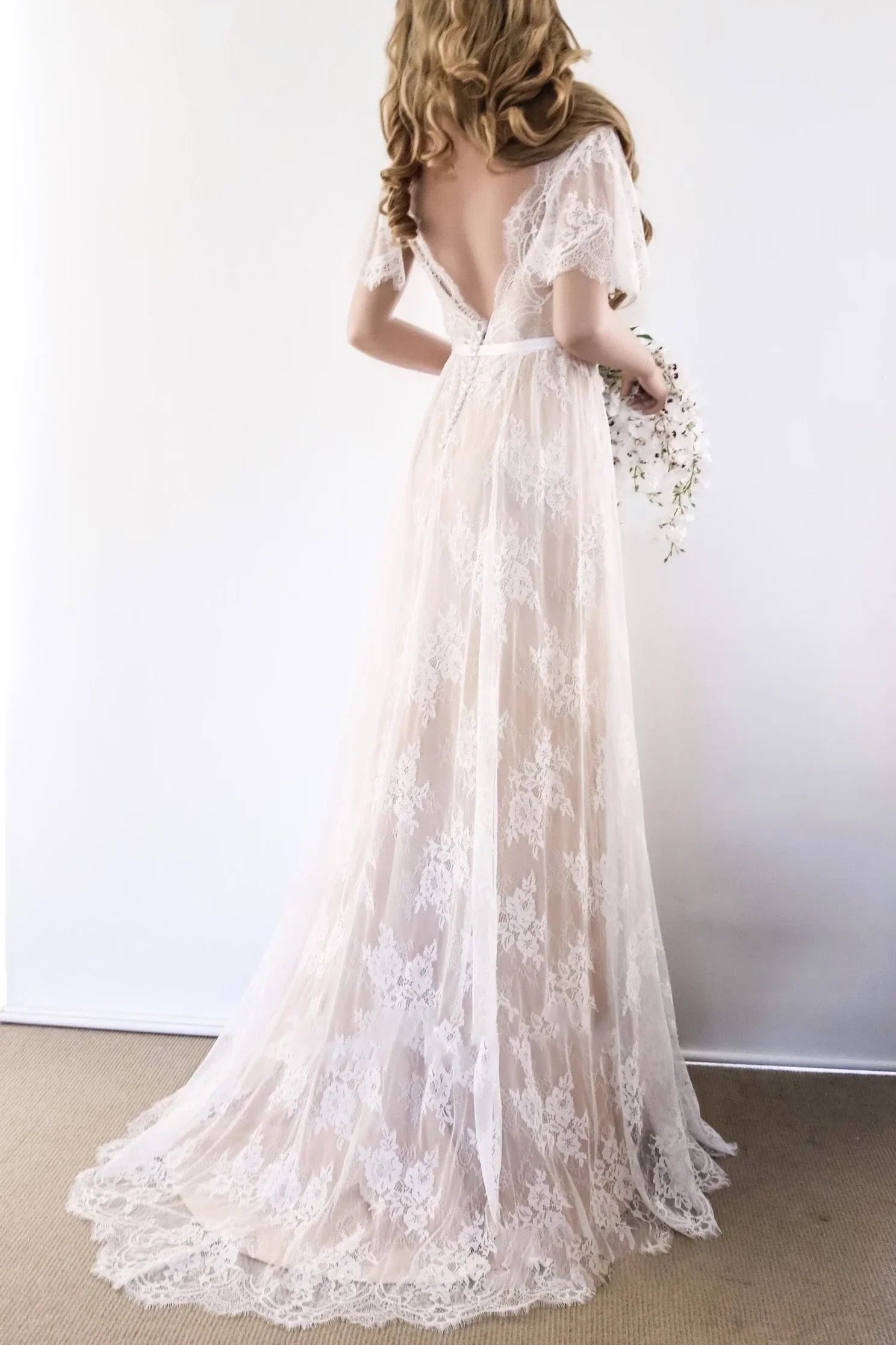 A-Line Sweep-Brush Train Lace Wedding Dress CW3511