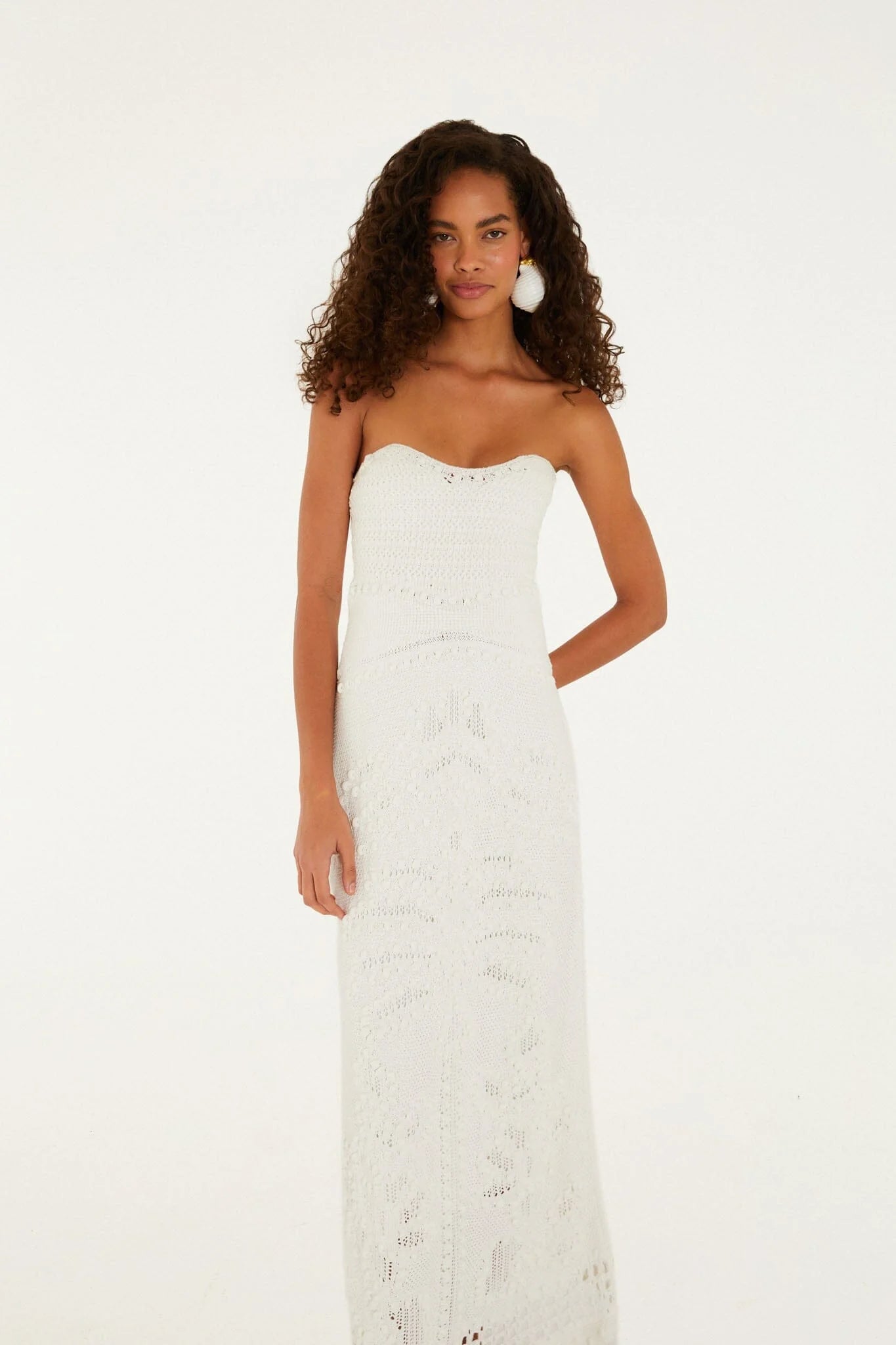FARM Rio Off-White Palm Tree Strapless Knit Maxi Dress