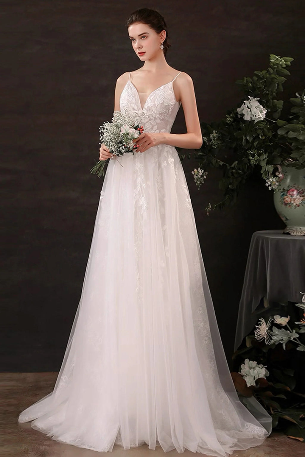 A-Line Floor Length Lace Tulle Wedding Dress CW3119