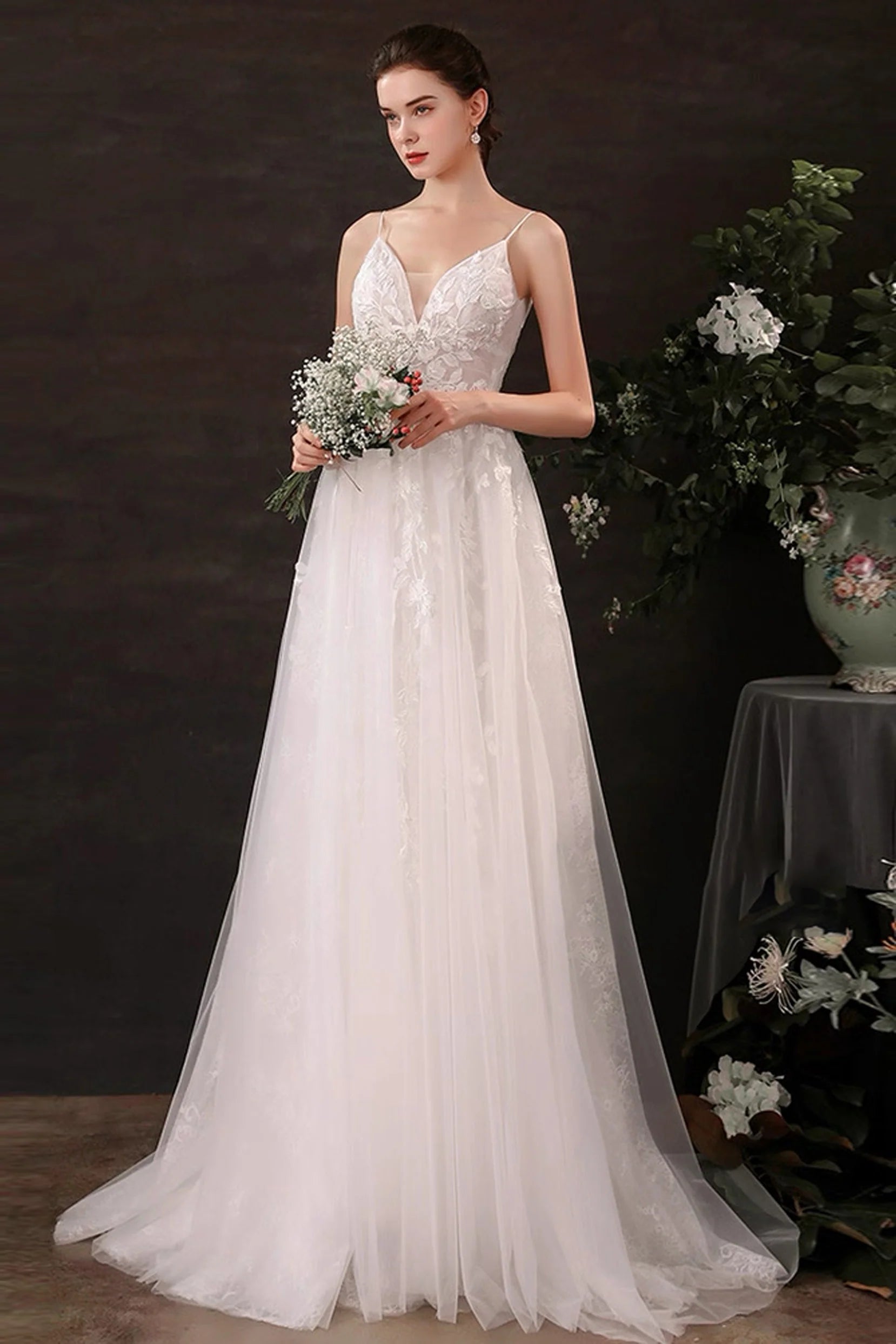 A-Line Floor Length Lace Tulle Wedding Dress CW3119