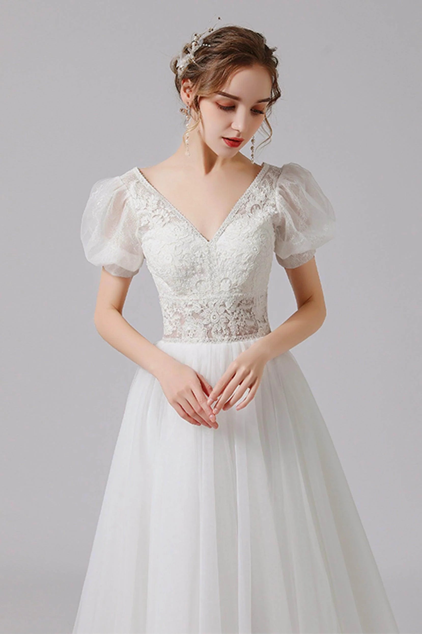 A-Line Floor Length Lace Tulle Wedding Dress CW2707