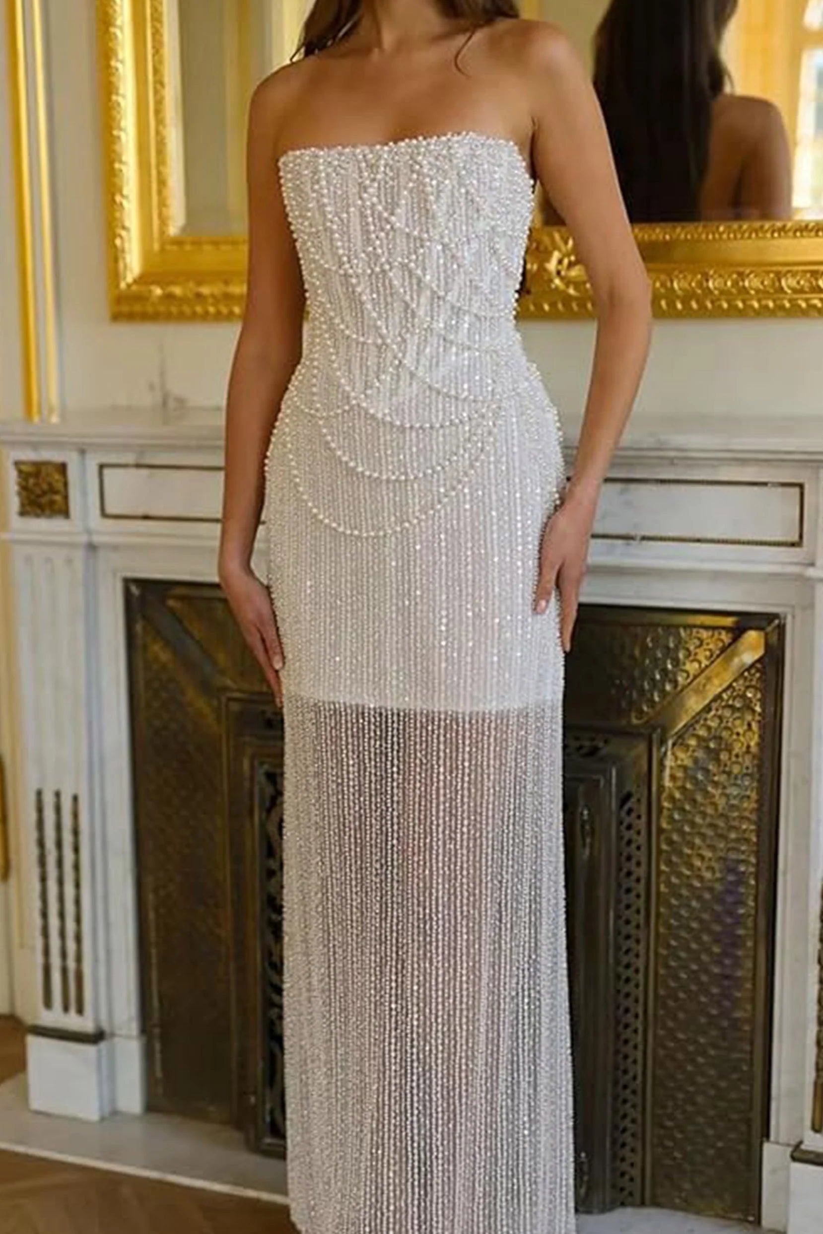 Sheath-Column Strapless Short Pearls Sequin Dress CS1075