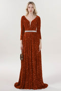 A-Line Sweep-Brush Train Velvet Sequin Bridesmaid Dress CS0636BM