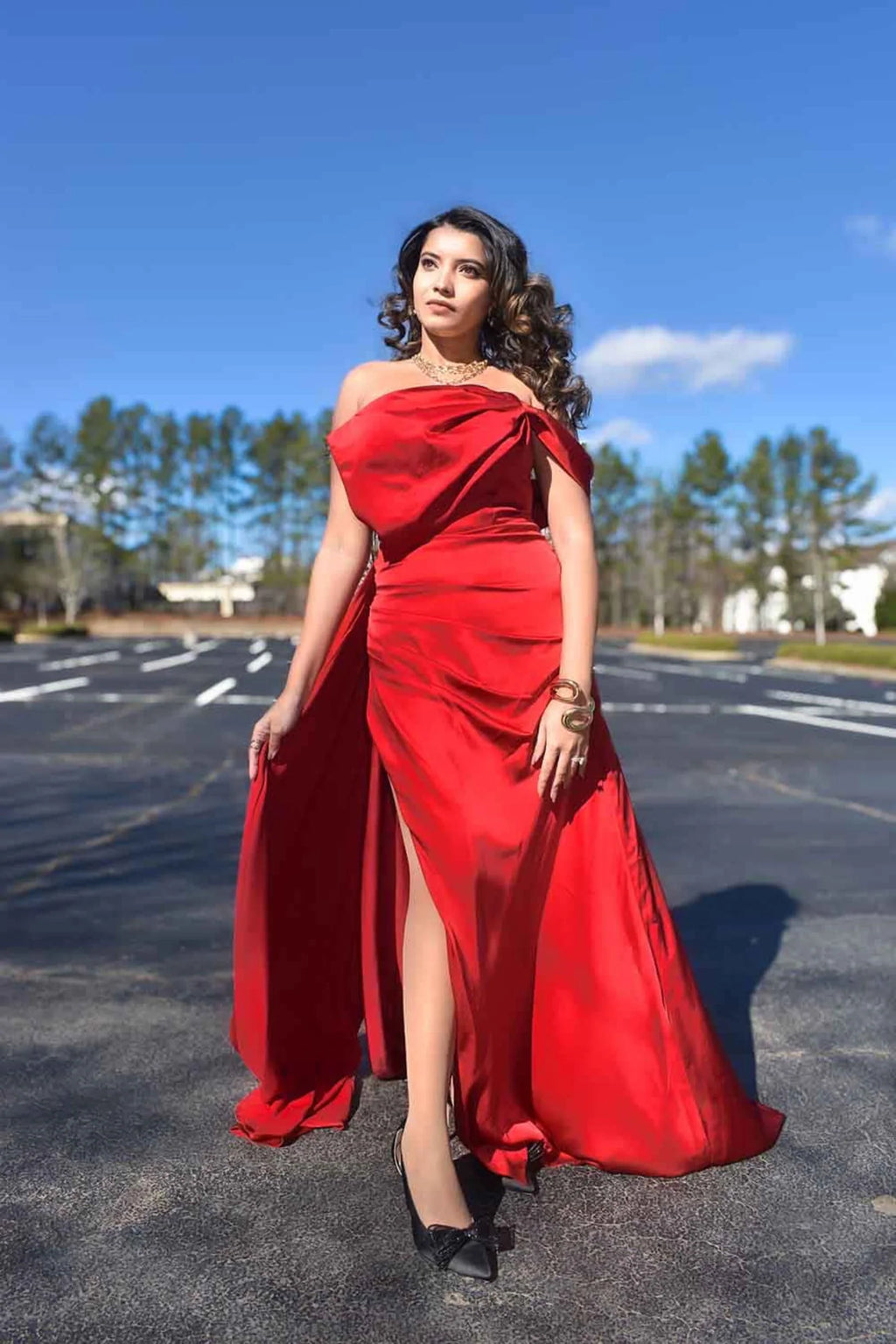 Trumpet-Mermaid Sweep-Brush Train Luxe Satin Wedding Guest Dress CG0293