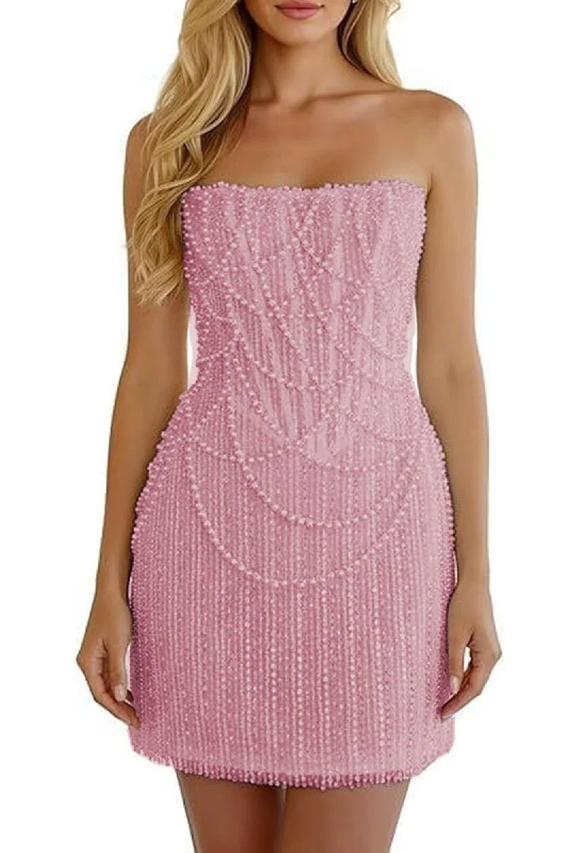 Sheath-Column Strapless Short Pearls Sequin Dress CS1075