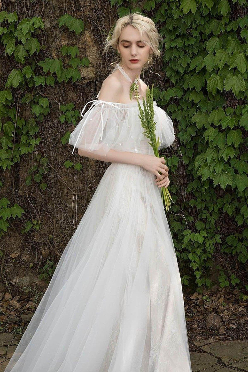 A-Line Sweep-Brush Train Tulle Wedding Dress CW3015