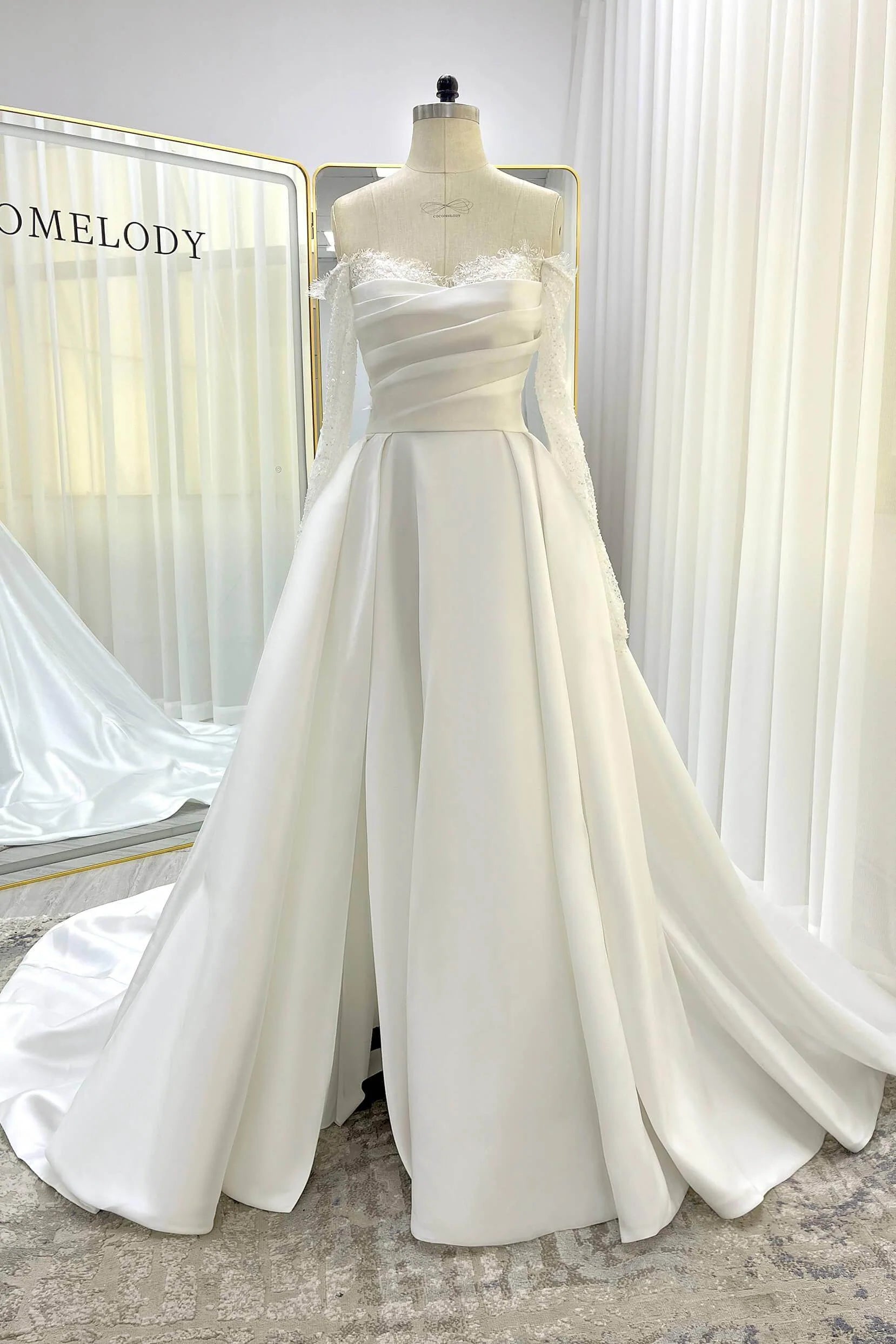 A-Line Court Train Mikado Lace Wedding Dress CW3335