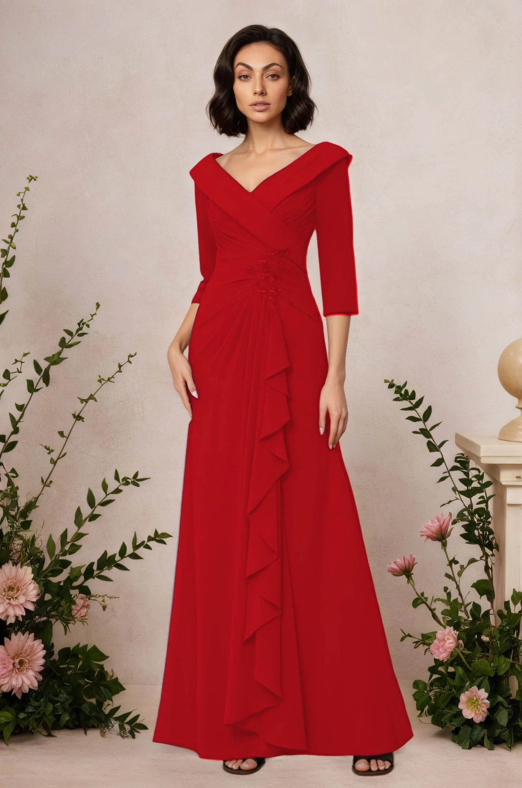 V Neck 3/4 Length Sleeves Floor Length Unique Mother Dresses CM0345