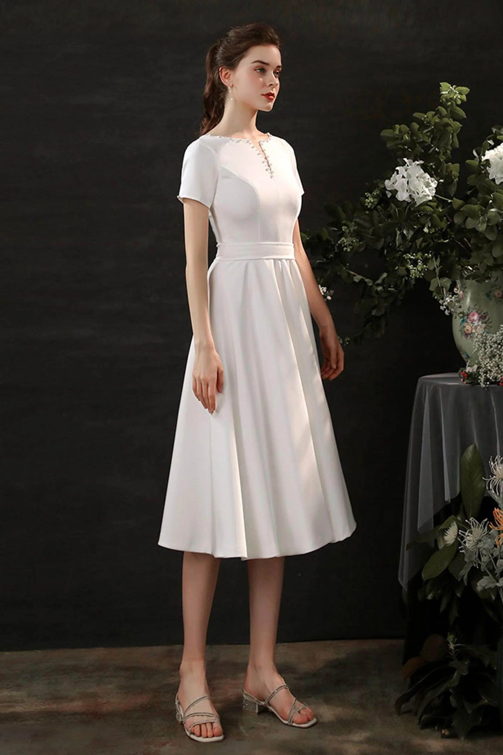 Sheath-Column Tea Length Satin Wedding Dress CW2694