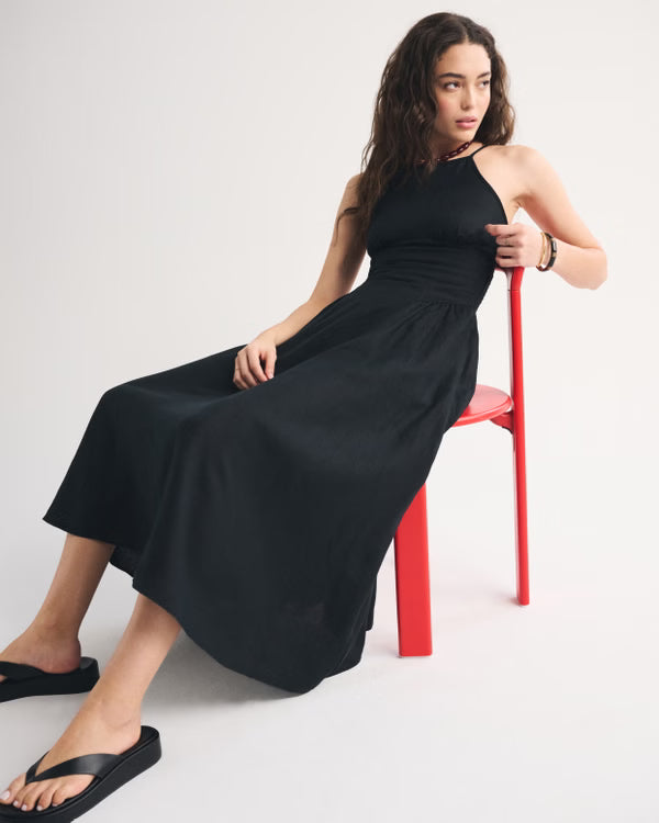 100% Linen A&F Dylan Halter Midi Dress