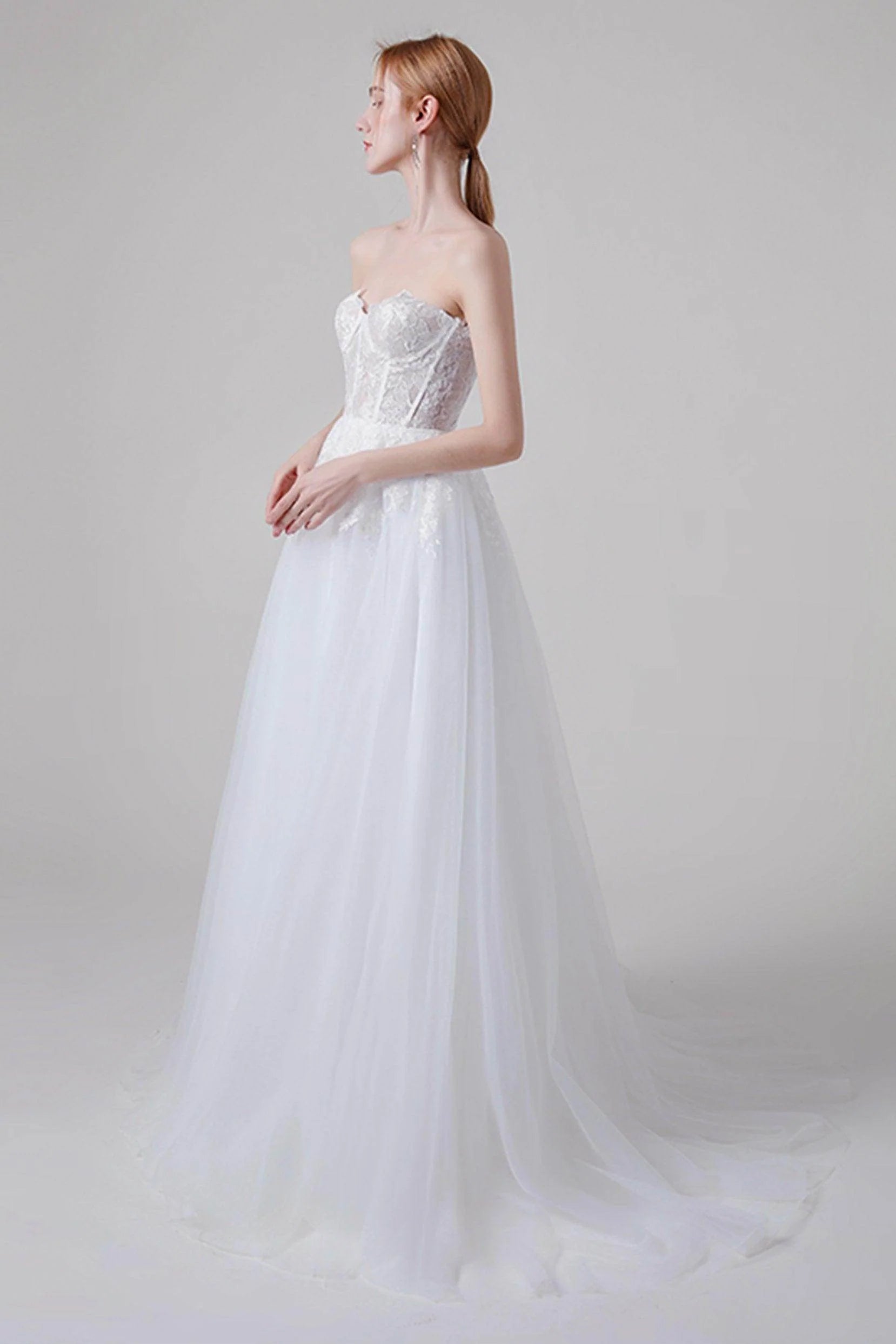 A-Line Sweep-Brush Train Lace Tulle Wedding Dress CW2743