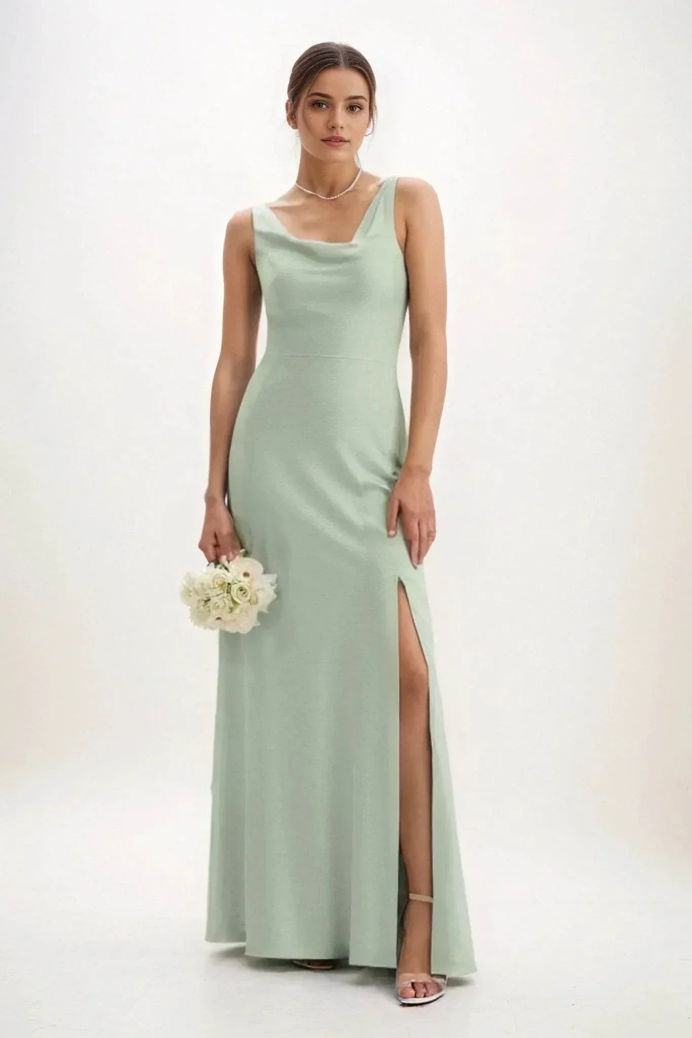 Sheath-Column Maxi Luxe Satin Bridesmaid Dress CB0816