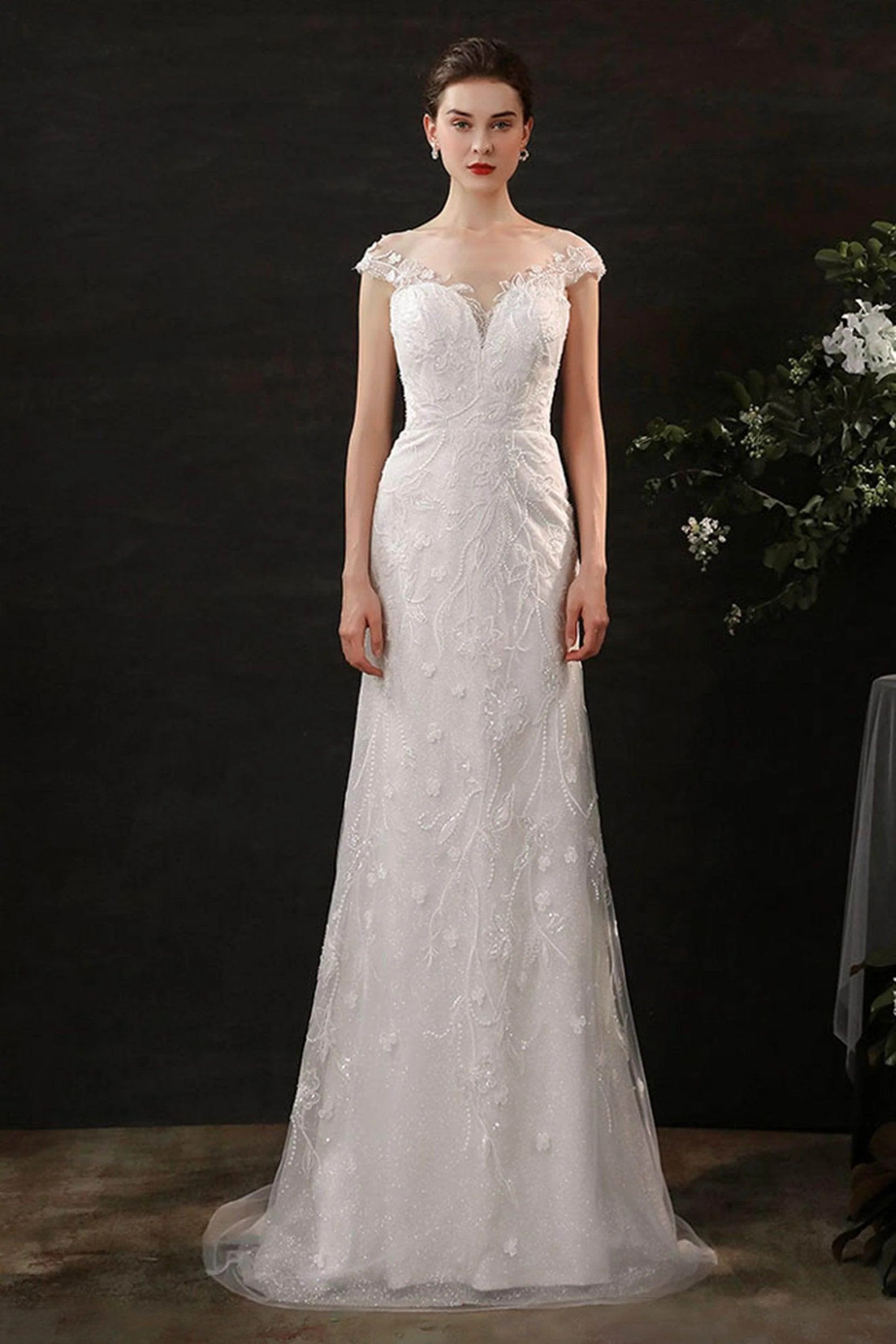Sheath Sweep-Brush Train Lace Tulle Wedding Dress CW2700
