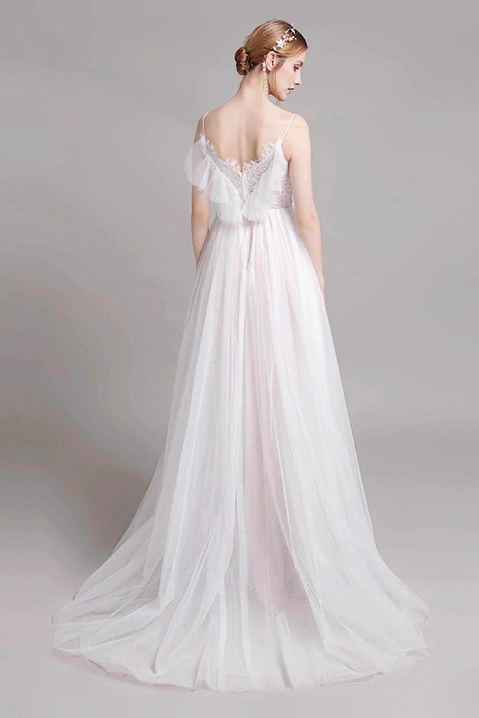 A-Line Sweep-Brush Train Lace Tulle Wedding Dress CW2768