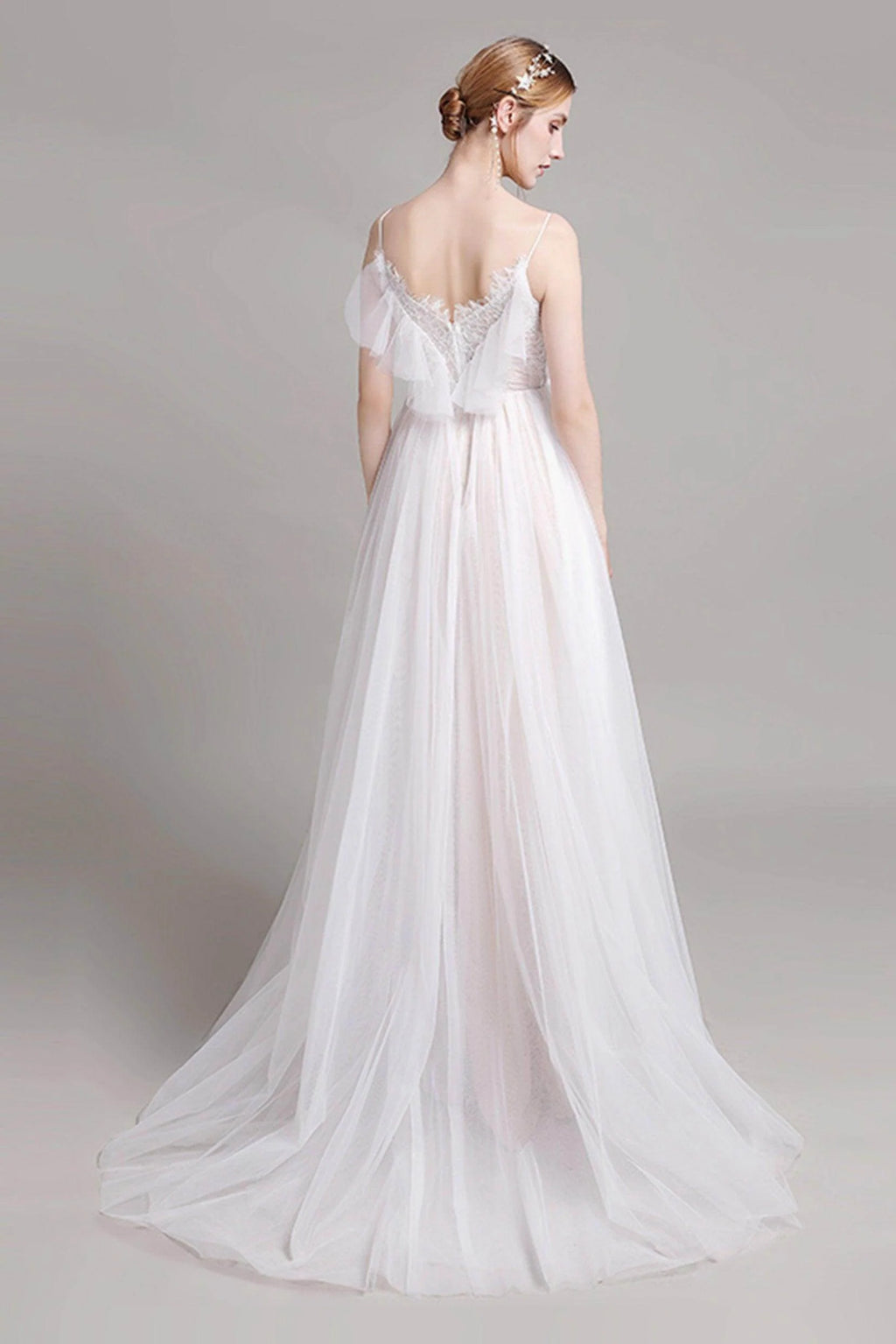 A-Line Sweep-Brush Train Lace Tulle Wedding Dress CW2768