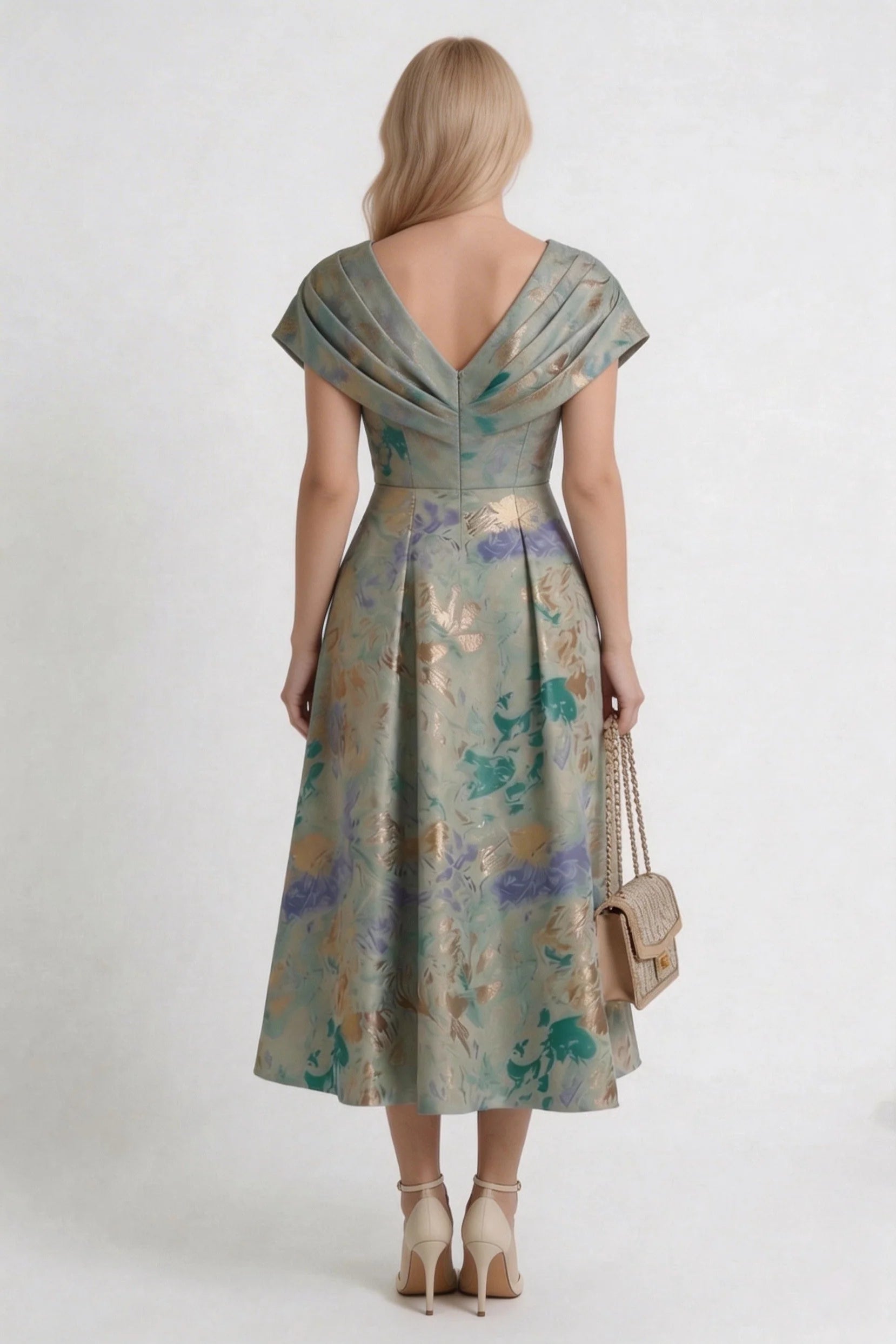 A-Line Tea-Length Jacquard Mother of the Bride Dress CM0417