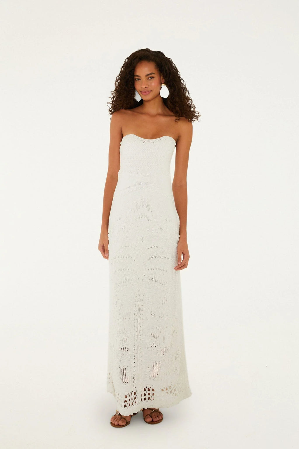 FARM Rio Off-White Palm Tree Strapless Knit Maxi Dress