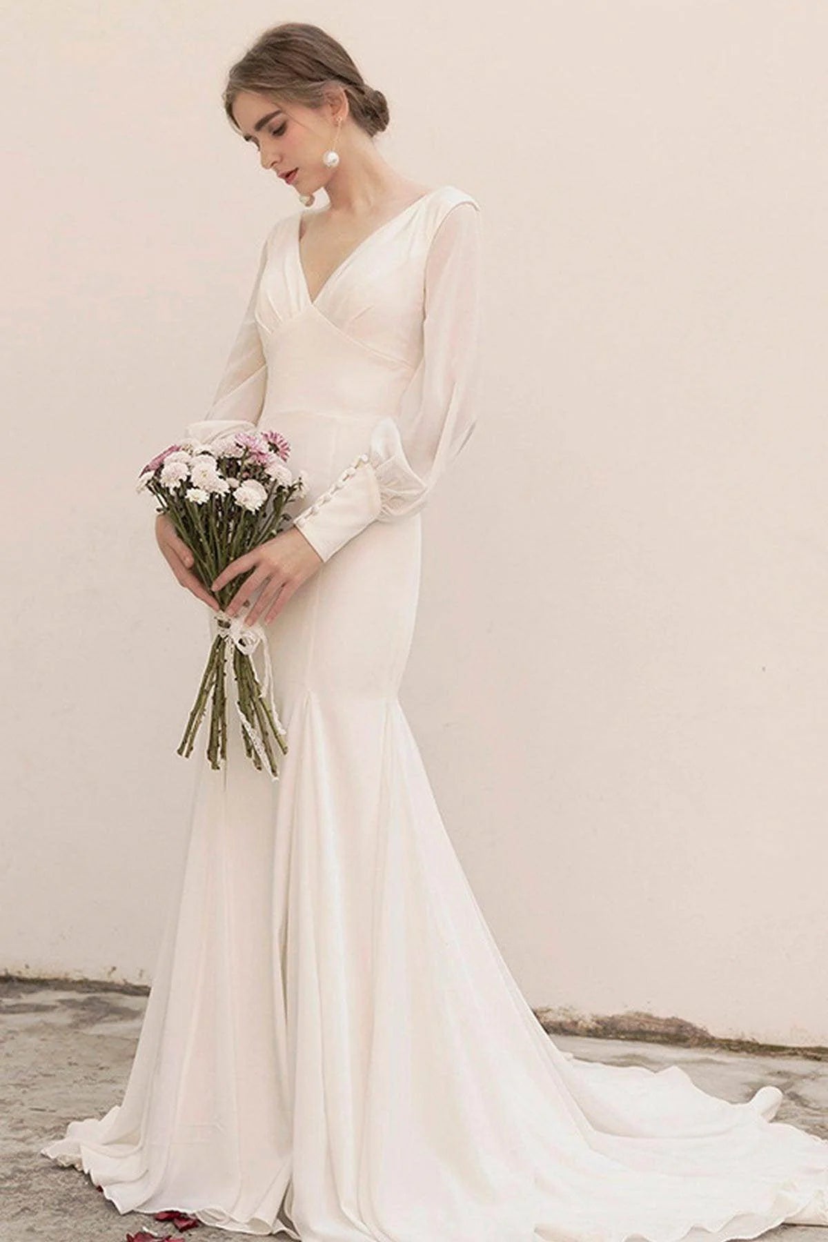 Sweep-Brush Train Satin Chiffon Wedding Dress CW3038