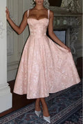 A-Line Tea Length Jacquard Satin Wedding Guest Dress 1038699395137