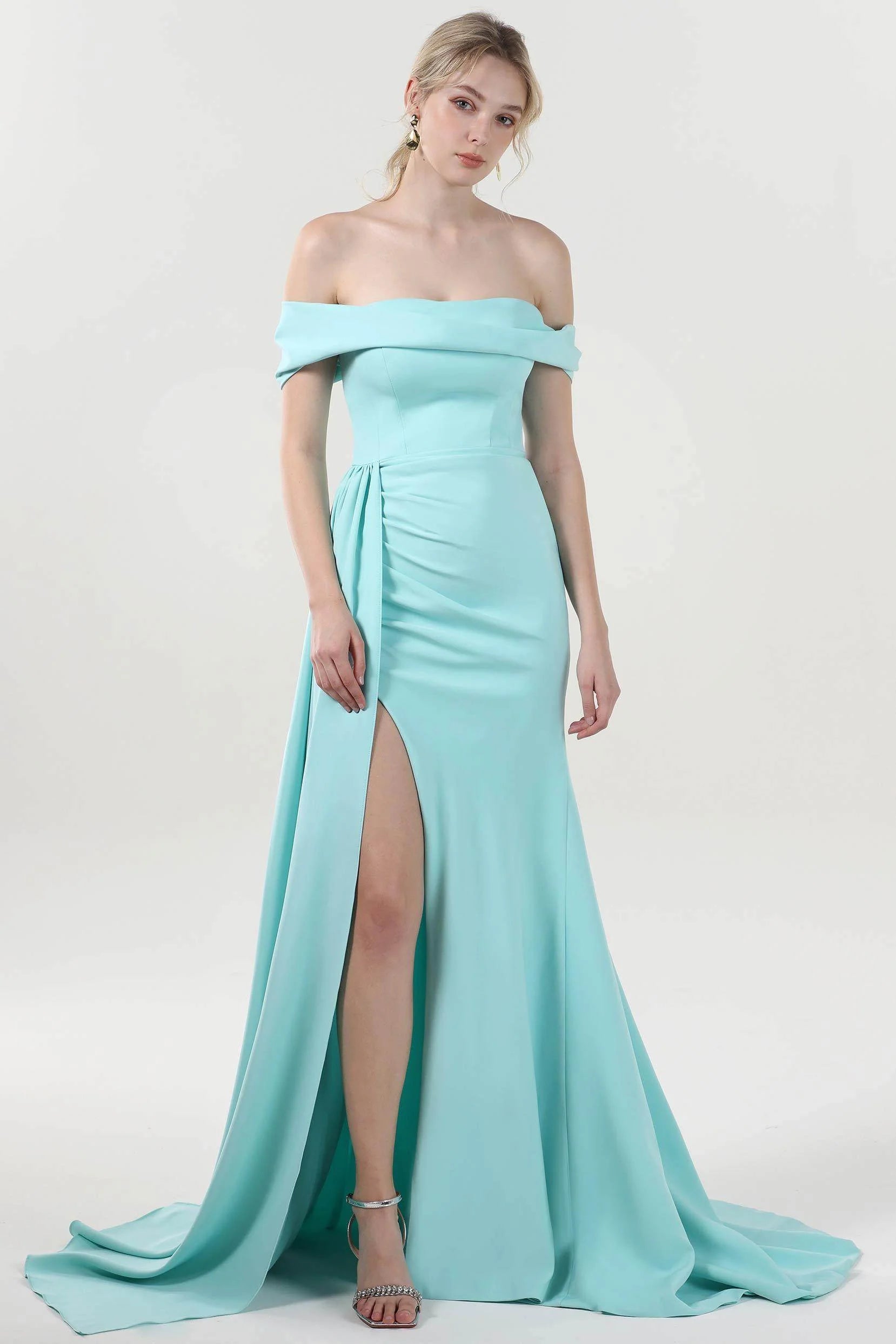 Sheath-Column Sweep-Brush Train Stretch Crepe Formal Dress CS0592