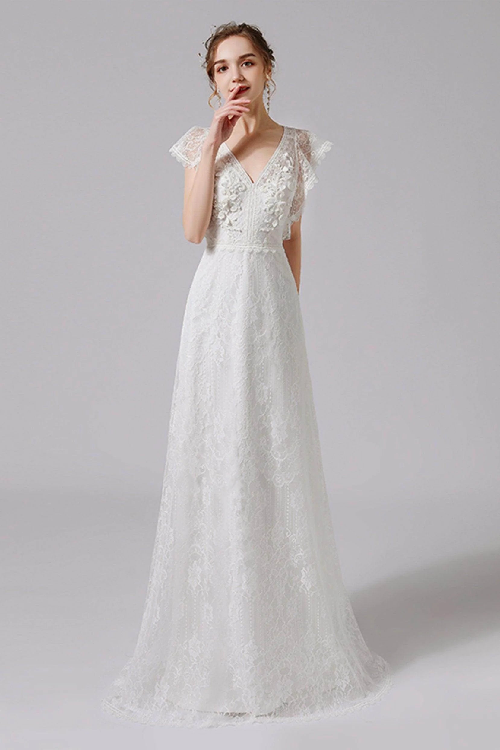 A-Line Floor Length Lace Tulle Wedding Dress CW2708