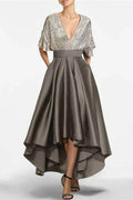 A Line V Neck Half Sleeves Asymmetrical Mother of the Bride Dresses CM0356