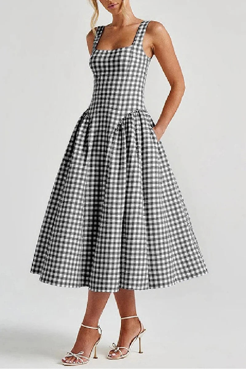 A-Line Tea Length Printed Cotton Wedding Guest Dress 1040459988093