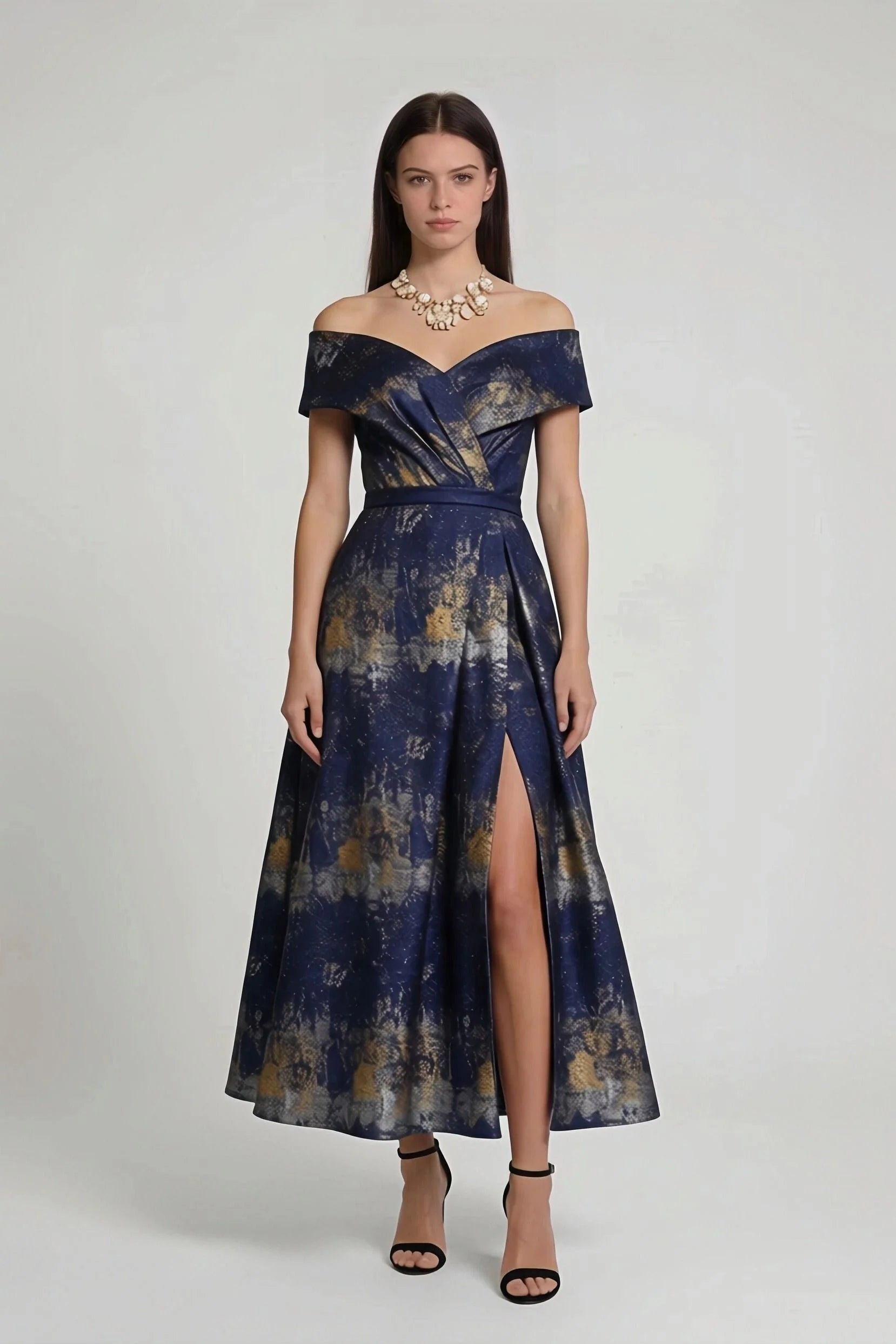 A-Line Tea-Length Jacquard Mother of the Bride Dress CM0429
