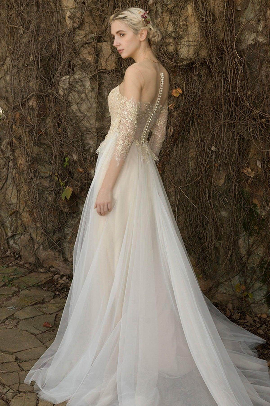 A-Line Sweep-Brush Train Lace Tulle Wedding Dress CW3014
