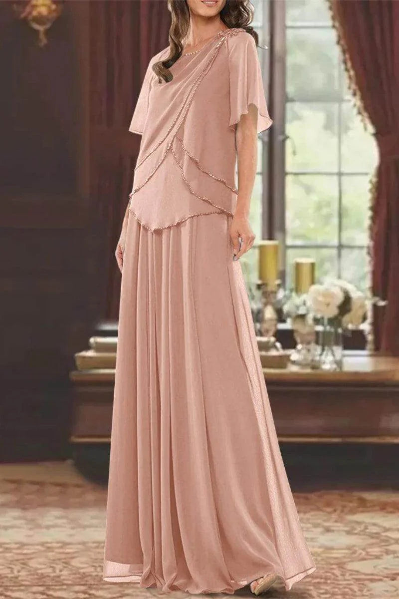 A Line Jewel Neck Short Sleeves Floor Length Mother Dress CM0363