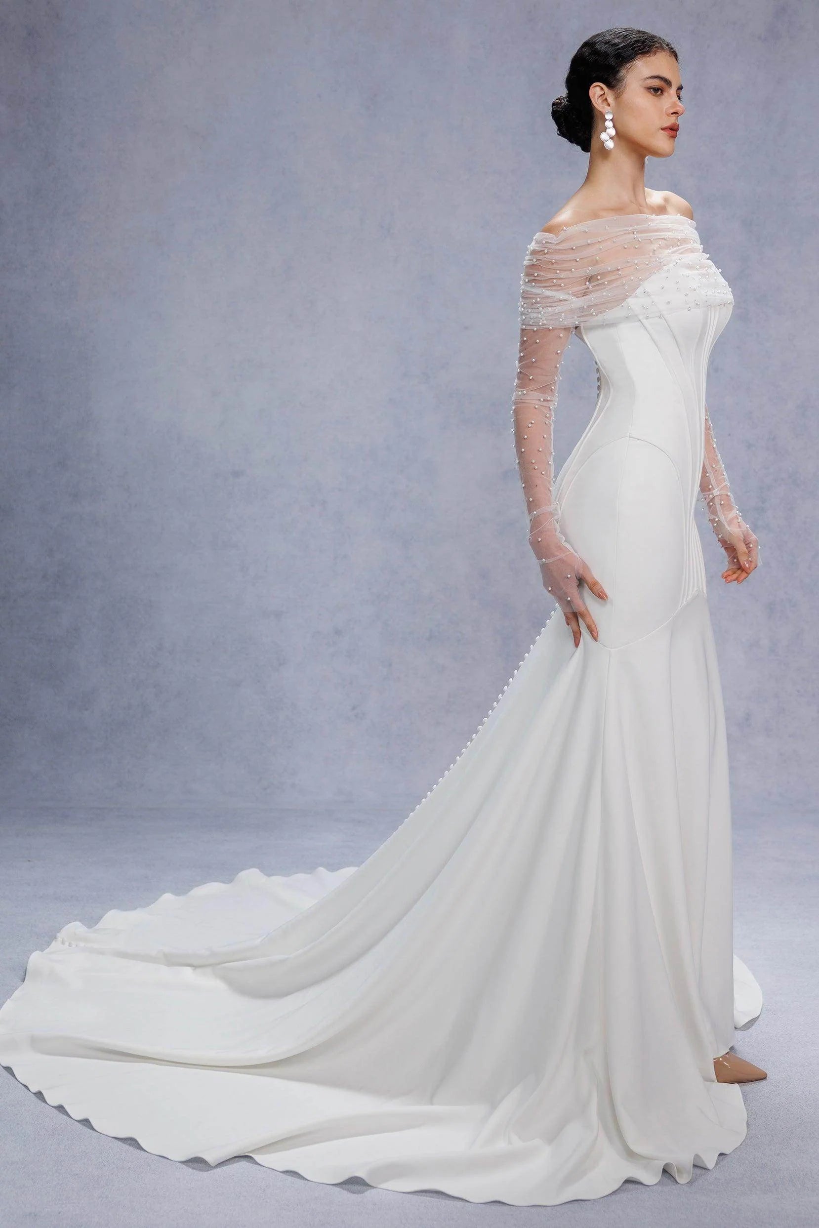 Trumpet-Mermaid Court Train Stretch Satin Wedding Dress CW3332