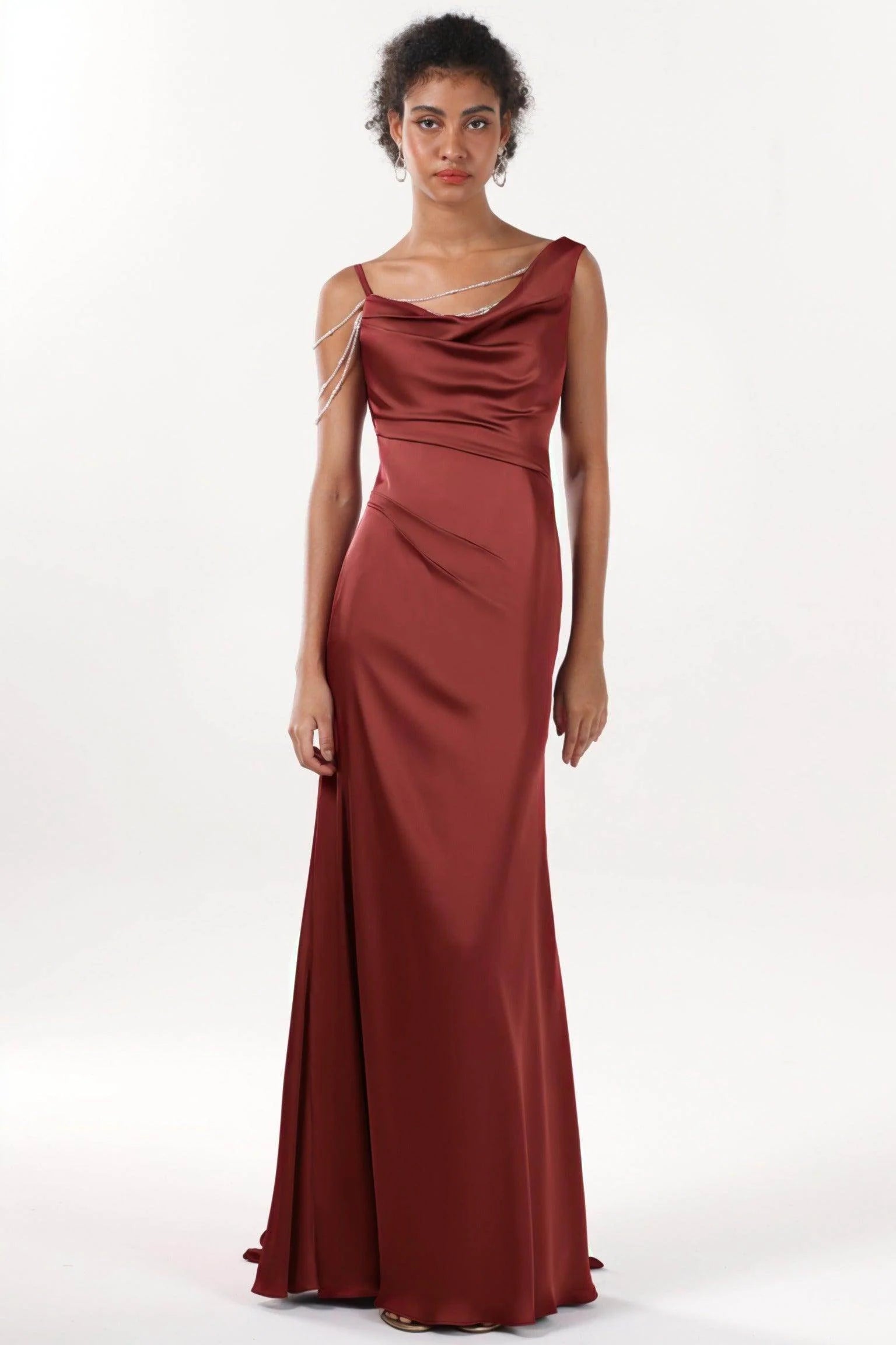 Sheath-Column Sweep-Brush Train Luxe Satin Bridesmaid Dress CS0600BM