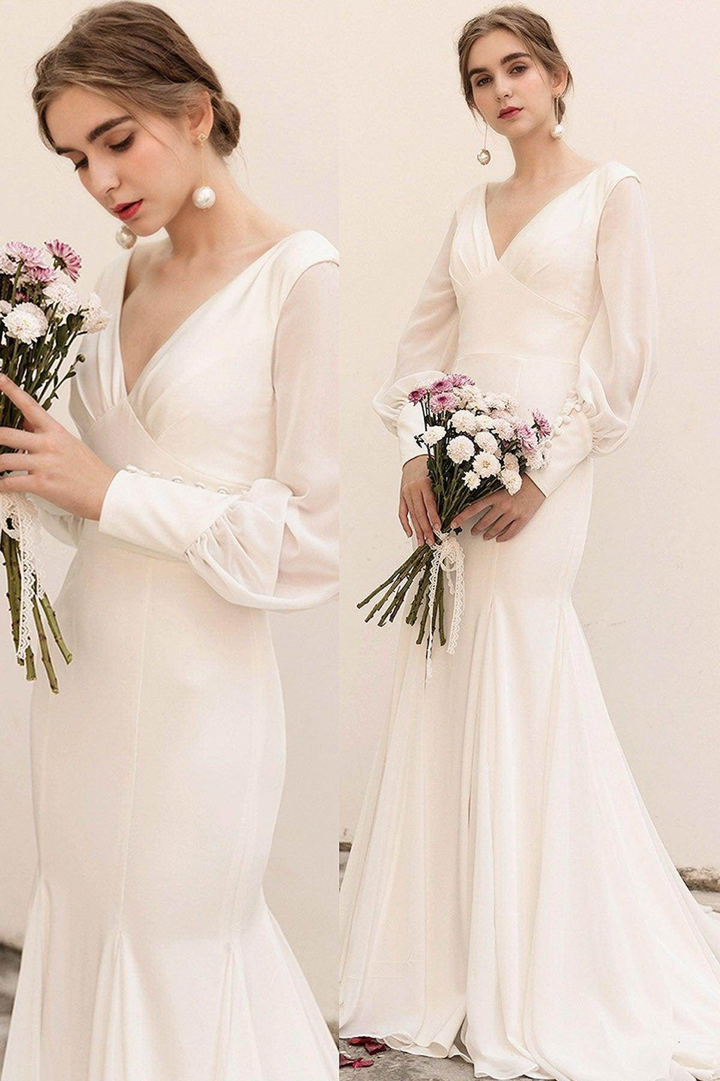 Sweep-Brush Train Satin Chiffon Wedding Dress CW3038