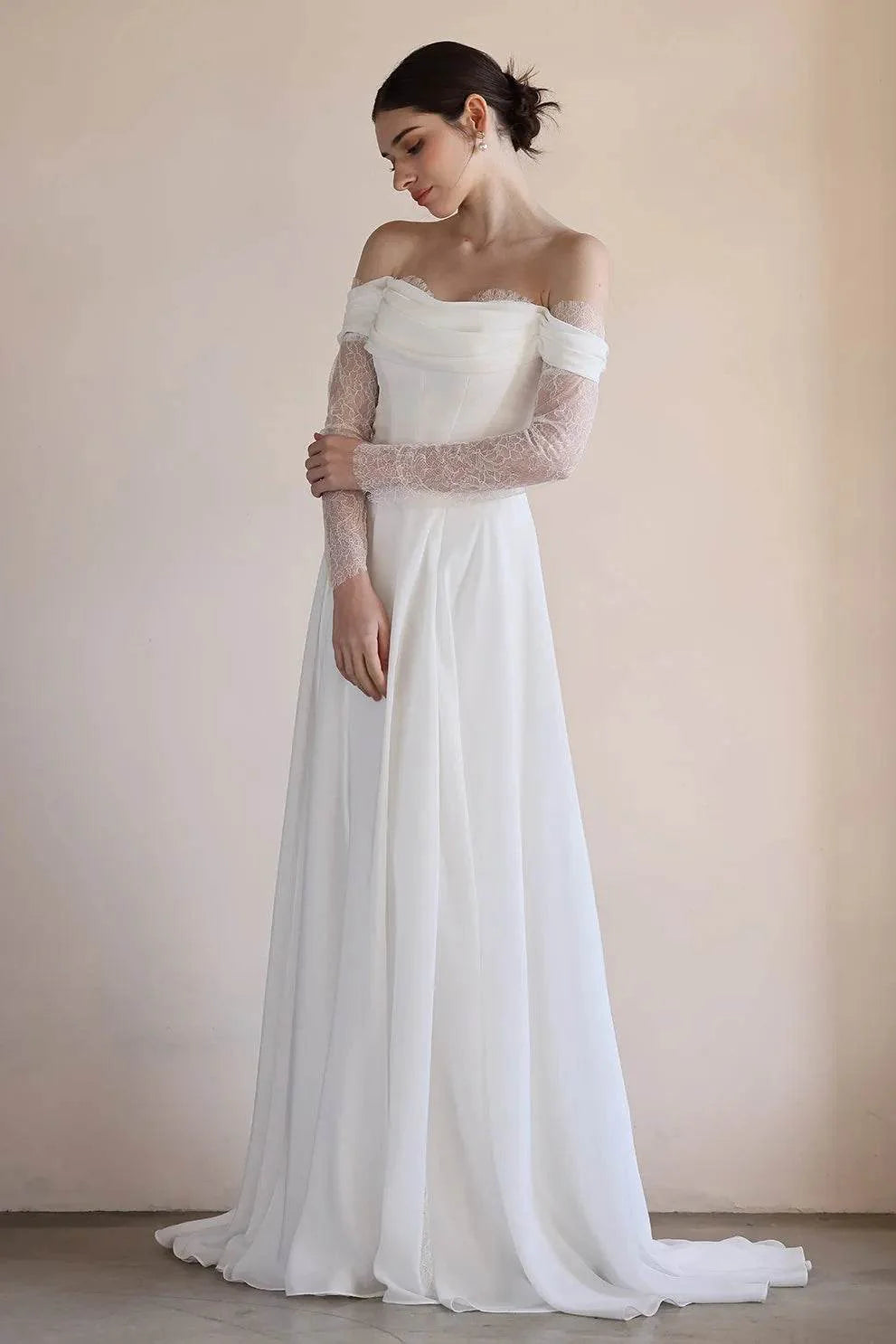 A-Line Sweep-Brush Train Lace Chiffon Wedding Dress CW3546