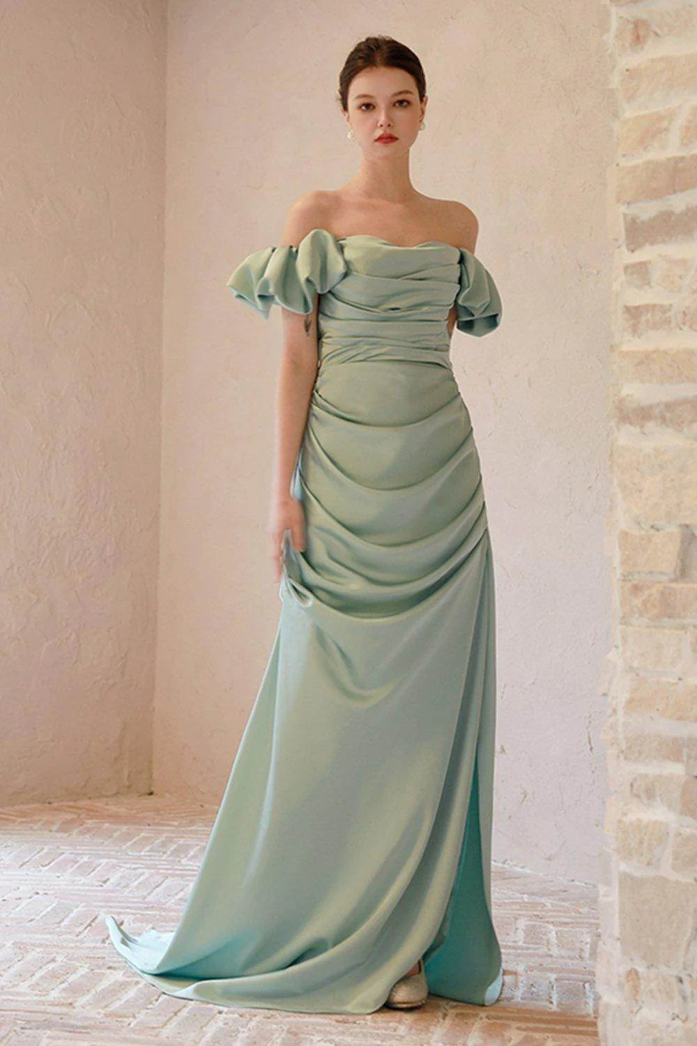 Sheath-Column Sweep-Brush Train Satin Wedding Dress CW3066