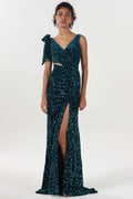 Sheath-Column Sweep-Brush Train Velvet Sequin Formal Dress CS0633