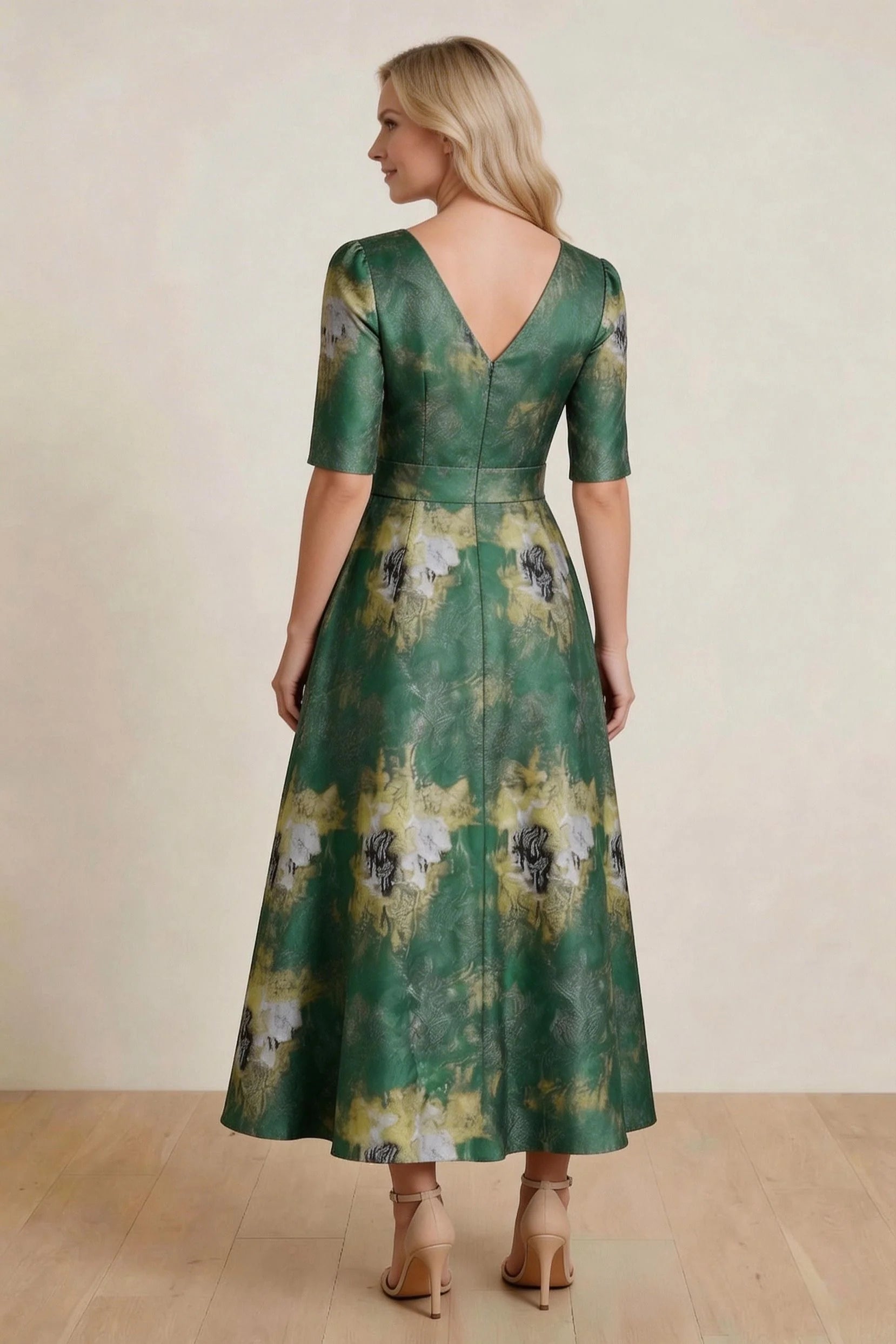 A-Line Tea-Length Jacquard Mother of the Bride Dress CM0424
